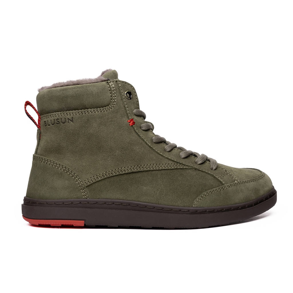 BLUSUN BLSN-035W Barfußstiefel Damen, Olive, wasserabweisendes Veloursleder mit Wollfutter